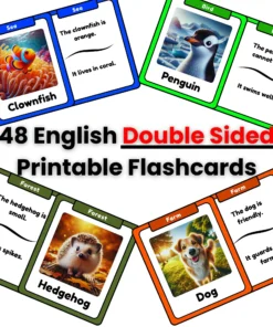 Double-Sided 48 Animal Flashcards - Learning Cards for Kids Printable - ESL Classroom English Vocabulary - Montessori