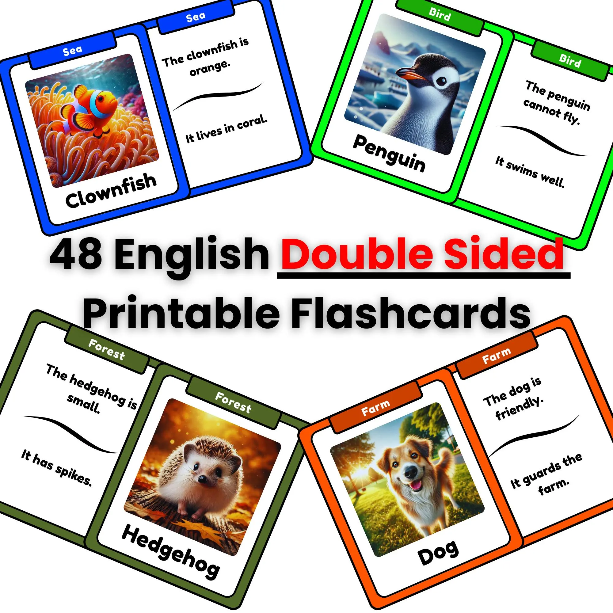 Double-Sided 48 Animal Flashcards - Learning Cards for Kids Printable - ESL Classroom English Vocabulary - Montessori