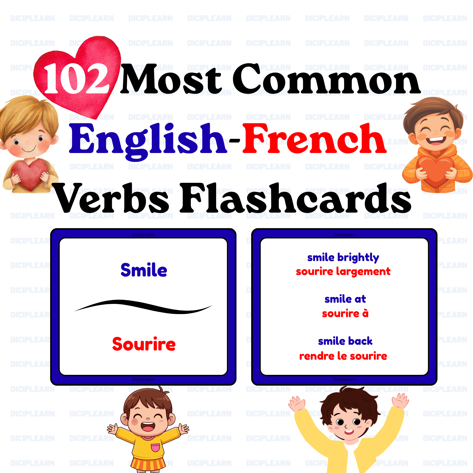 102 Common English French Verbs Flashcards with Collocations | Vocabulary | Bilingual | Language Chart | Toddler Flashcards