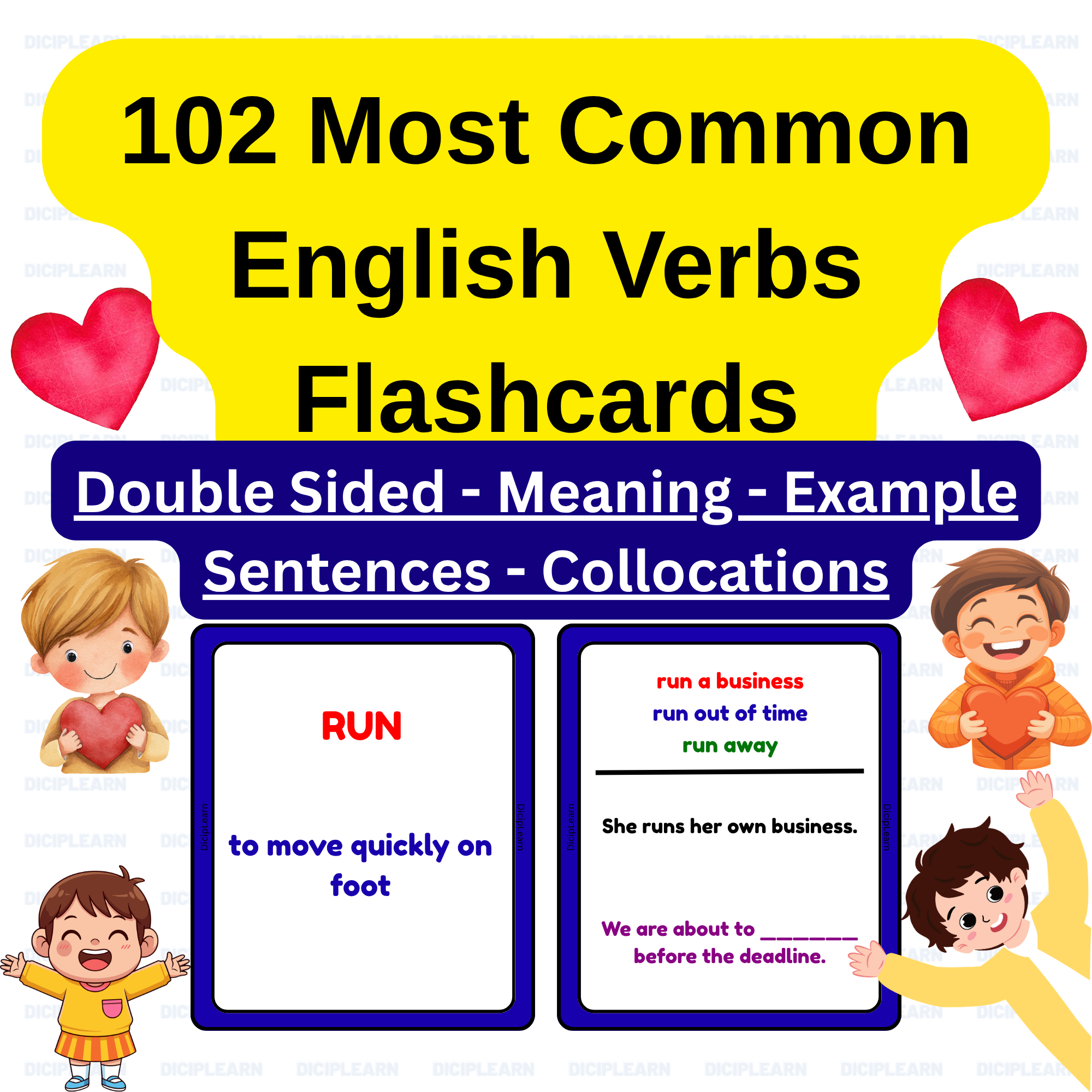102 Common English Verbs Printable Flashcards with Meanings, Collocations and Example Sententces Practice | ESL EFL Study Cards – Montessori